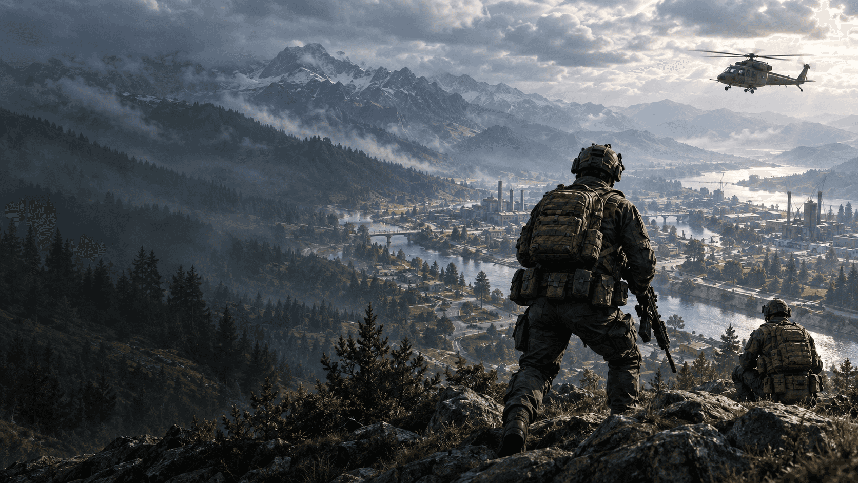 WARDOGS soldiers overlooking a mountain battlefield